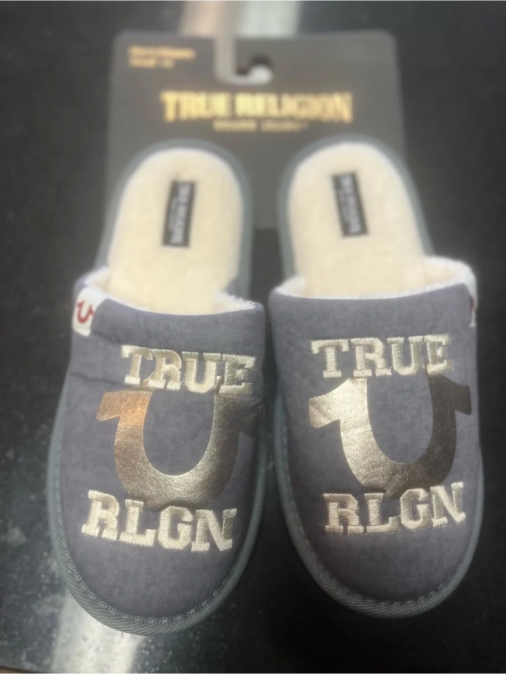 Sz 7-8 True Religion Navy Faux-Fur Lined Slide Slippers